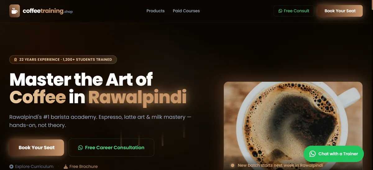 Homepage of the Coffee Training Shop barista training website
